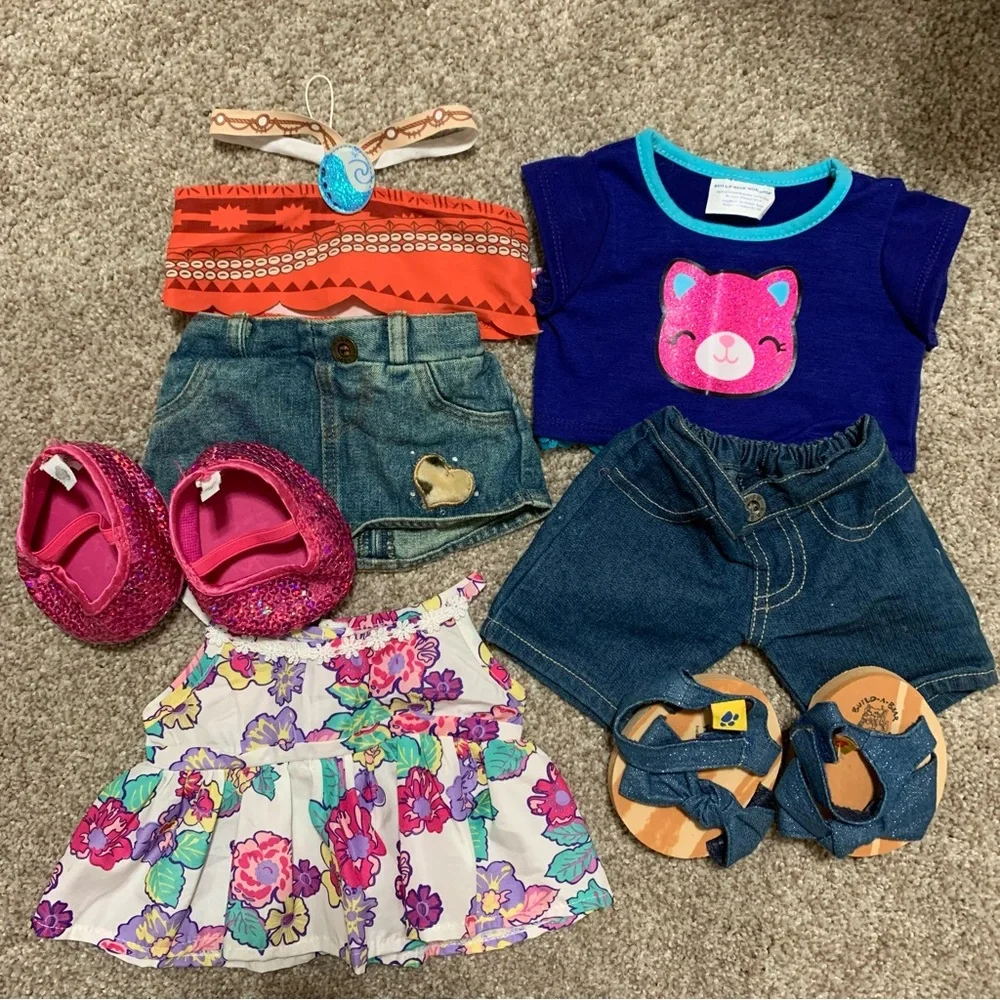 Lot Set Build A Bear Girls Clothes: Dress/Shoes/Moana Top/Cat Shirt/Jeans/Skirt